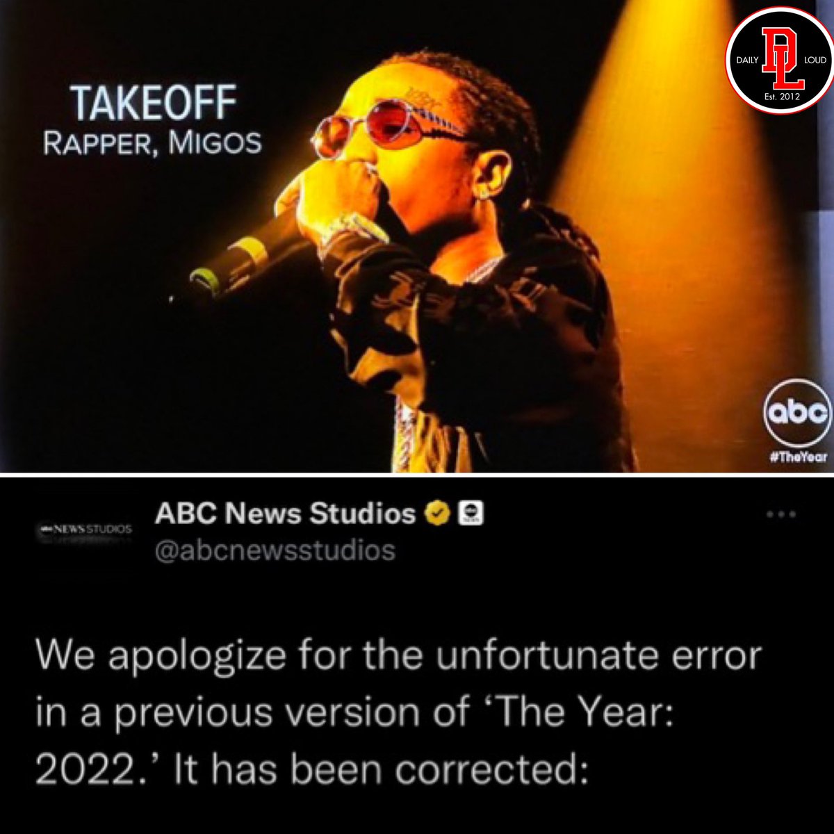 DailyLoud's tweet photo. ABC news used a picture of Quavo instead of Takeoff in their 2022 tribute video‼️🤦‍♂️ https://t.co/62jrKVZroQ