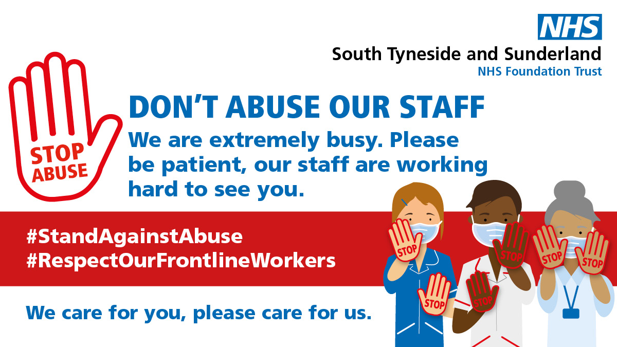 STSFTrust's tweet photo. 🚫❗ DON'T ABUSE OUR STAFF ❗🚫
If you're waiting to be seen in A&amp;E, do not be violent or aggressive towards our staff. Physical, verbal and racial abuse will not be tolerated and you may be escorted from the premises, which could lead to refusal of treatment and prosecution. https://t.co/4xXZuFlb2C