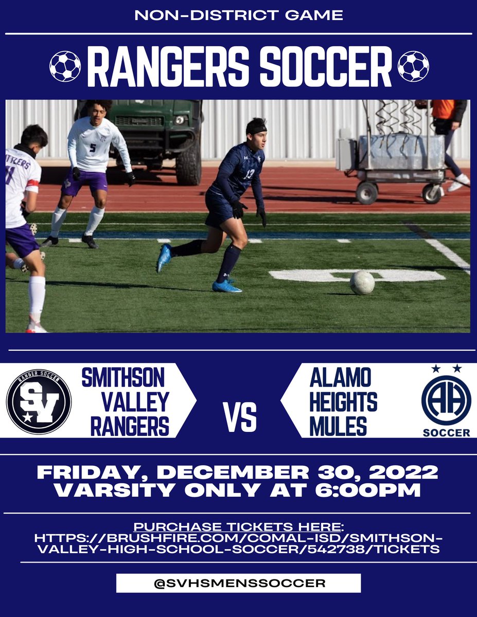 IT'S THAT TIME!! Come out and support our Rangers tomorrow night at Ranger Stadium as we take on the talented <a href="/AHboysSoccer/">Alamo Heights Boys Soccer</a> for our first non-district game of the season! Get fired up and ready to play, boys! 💯 👊🏼
Purchase tickets here: brushfire.com/comal-isd/smit…