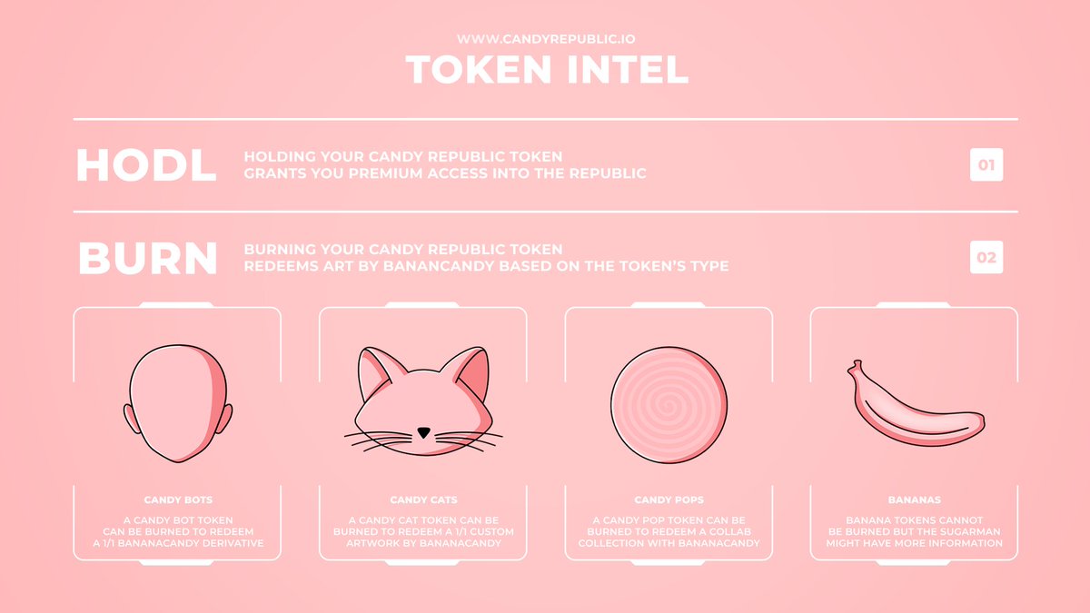 Candy Republic (@candyrepublic) on Twitter photo Token Intel Extraction_
🧵 1/3 (A Choice)
There are 4 types of tokens..
_Bots _Cats _Pops _Bananas
You can choose to hold your CR_Token for premium access into the republic, or burn it to redeem 1/1 art by <a href="/bananacandyart/">BananacandyArt</a> Token Intel Extraction_
🧵 1/3 (A Choice)
There are 4 types of tokens..
_Bots _Cats _Pops _Bananas
You can choose to hold your CR_Token for premium access into the republic, or burn it to redeem 1/1 art by <a href="/bananacandyart/">BananacandyArt</a>