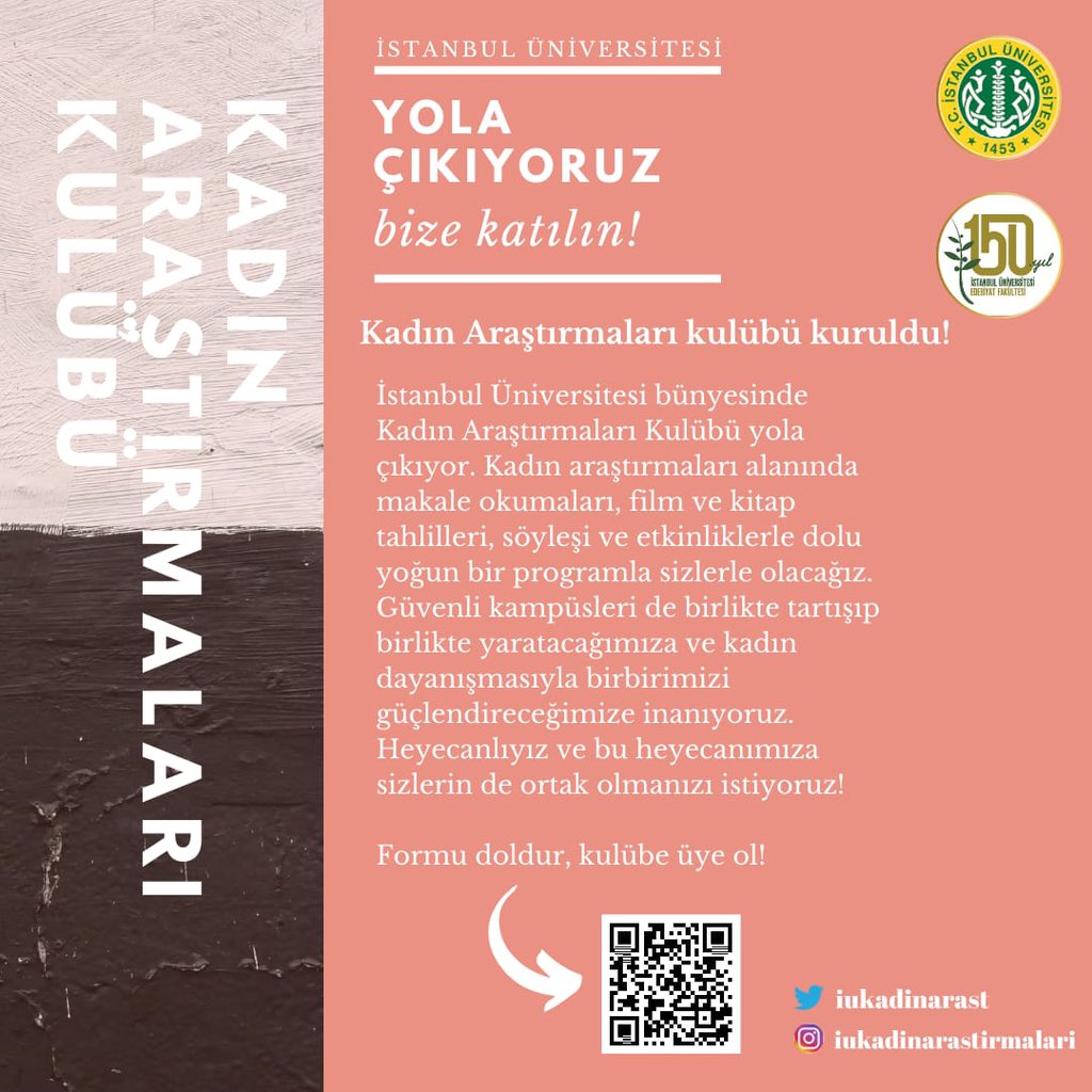 📢Kadın Araştırmaları kulübü kuruldu!
Makale okumaları, film ve kitap tahlilleri, söyleşi ve etkinliklerle sizlerle olacağız. Güvenli kampüsleri birlikte yaratıp kadın dayanışmasıyla birbirimizi güçlendireceğimize inanıyoruz. Formu doldur, kulübe üye ol!⬇️
forms.gle/HYDYxHMxm3Y481…