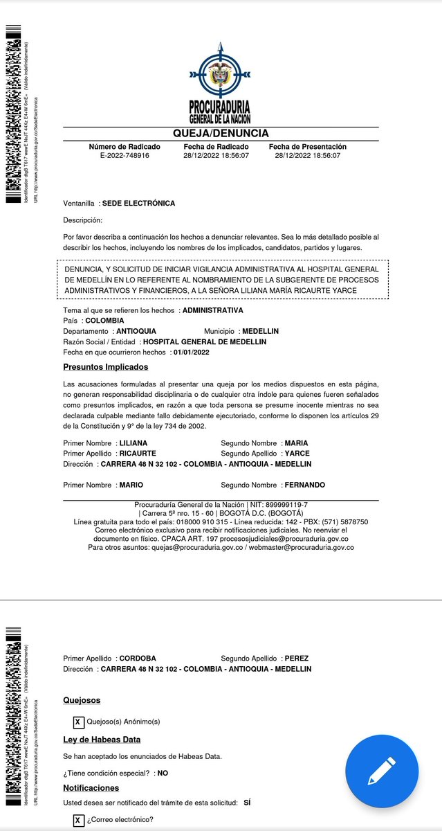 denuncia_en's tweet image. Instauramos denuncias ante @PGN_COL de Liliana Ricaurte y William Higuita  directivos de @HGMhospital. No cumplen los requisitos académicos y experiencia relacionada con el cargo.
Gravísimo que el alcalde nombre funcionarios sin experiencia en un hospital que se lo están robando.