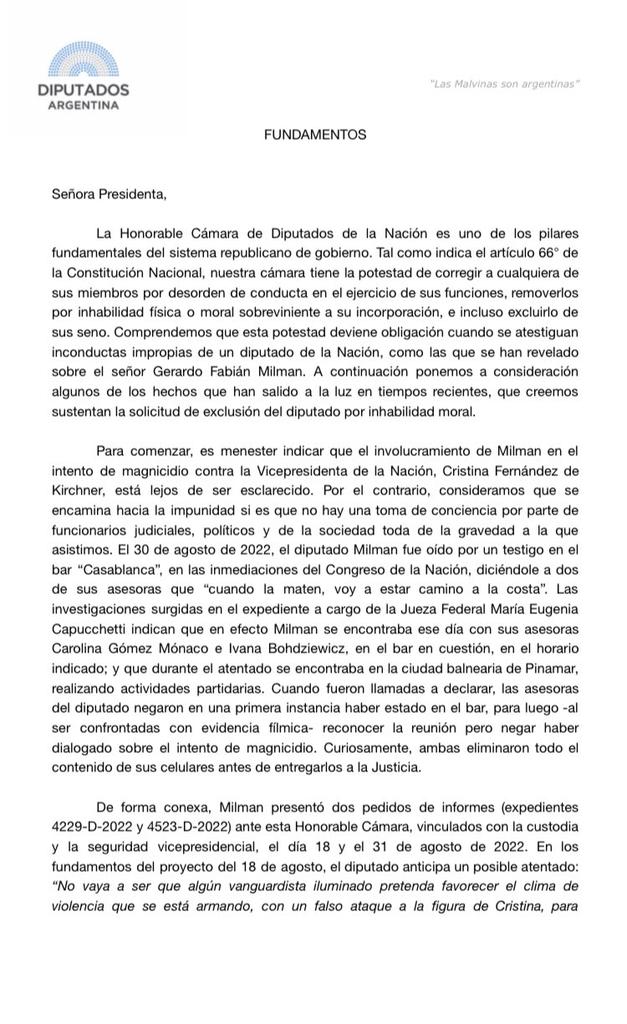 CarolinaMoises's tweet photo. Cualquier persona cómplice de un intento de asesinato, que además atenta contra la democracia, no puede formar parte de @DiputadosAR 

Por eso desde @Diputados_Todos presentamos junto a @bebasoria @MoniMacha @MaraBrawer y @caroyutrovic_ el pedido de expulsión de @gmilman

⬇️🔎🧵 https://t.co/0YfH1FSRKe