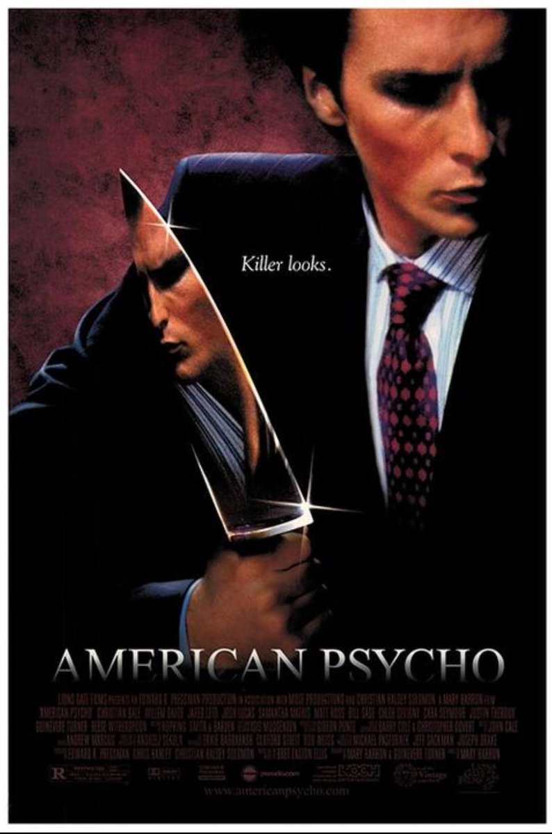 🎬#AmericanPsycho (2000) Brimming with elegant Kubrickian malevolence. Scathing satire of 80s greed, excess & the horrors of Capitalism. Incredible bravura turn from Bale. Laden with pathos. Elegantly shot. Ruminates on materialism, narcissism & misogyny. #MacGuffinMovieDrone