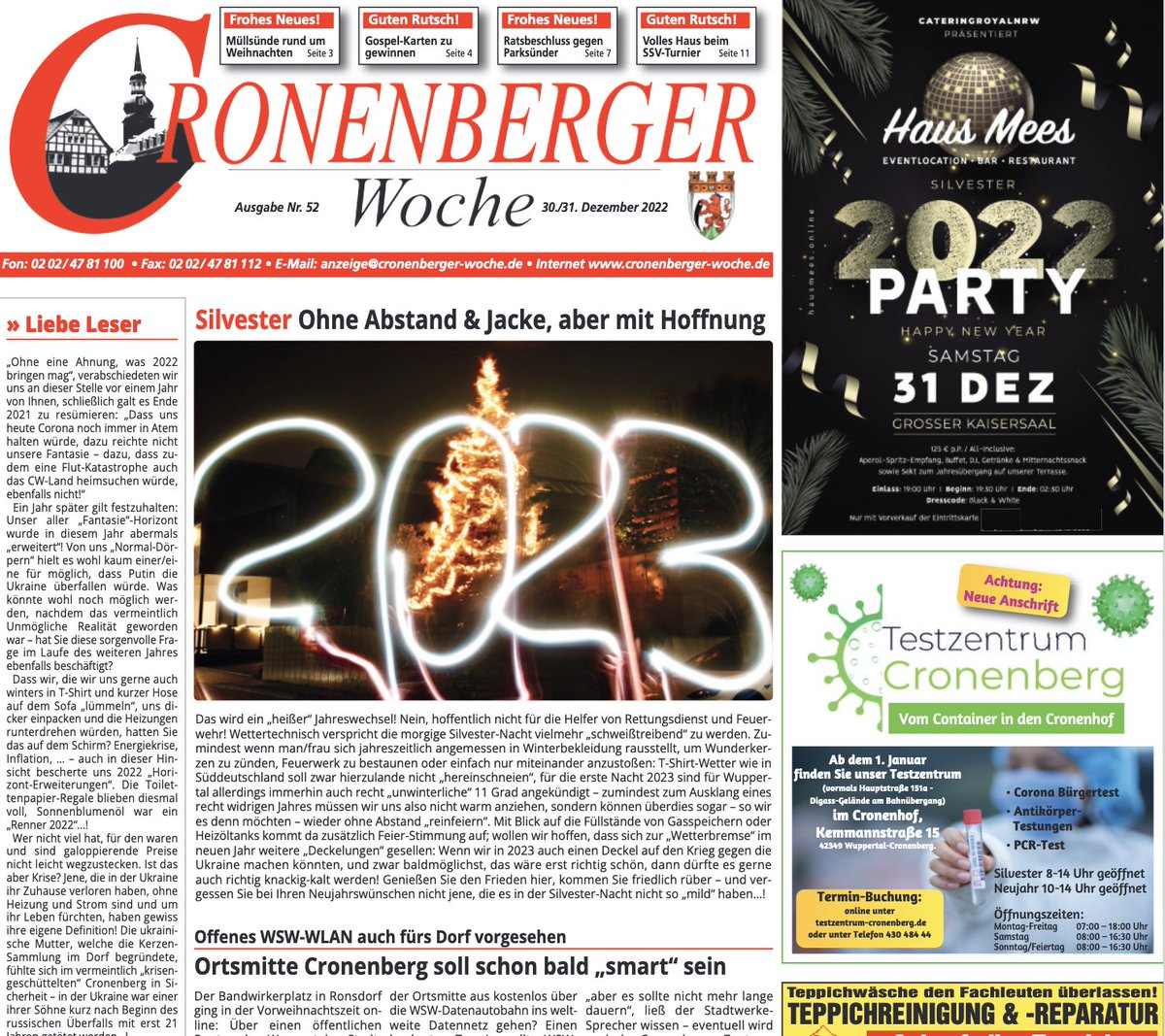 cw_redaktion's tweet photo. Für uns ist heute schon Silvester, denn ab morgen wird an der Ausgabe 1/2023 gearbeitet | Zuvor ist aber hier die letzte Online-Ausgabe 2022 unserer Cronenberger Woche: https://t.co/Brp5jwVe3X | Mit Dank für eure Aufmerksamkeit im ausklingenden Jahr!
#Wuppertal #Cronenberg https://t.co/KDGTldpeIq