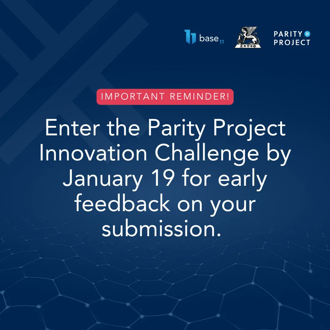 base11STEM's tweet image. Important reminder! If you would like feedback on your 2023 Parity Project Innovation Challenge submission before the final deadline, please submit your “first draft” proposals by January 19! Enter now at buff.ly/3uAAHte