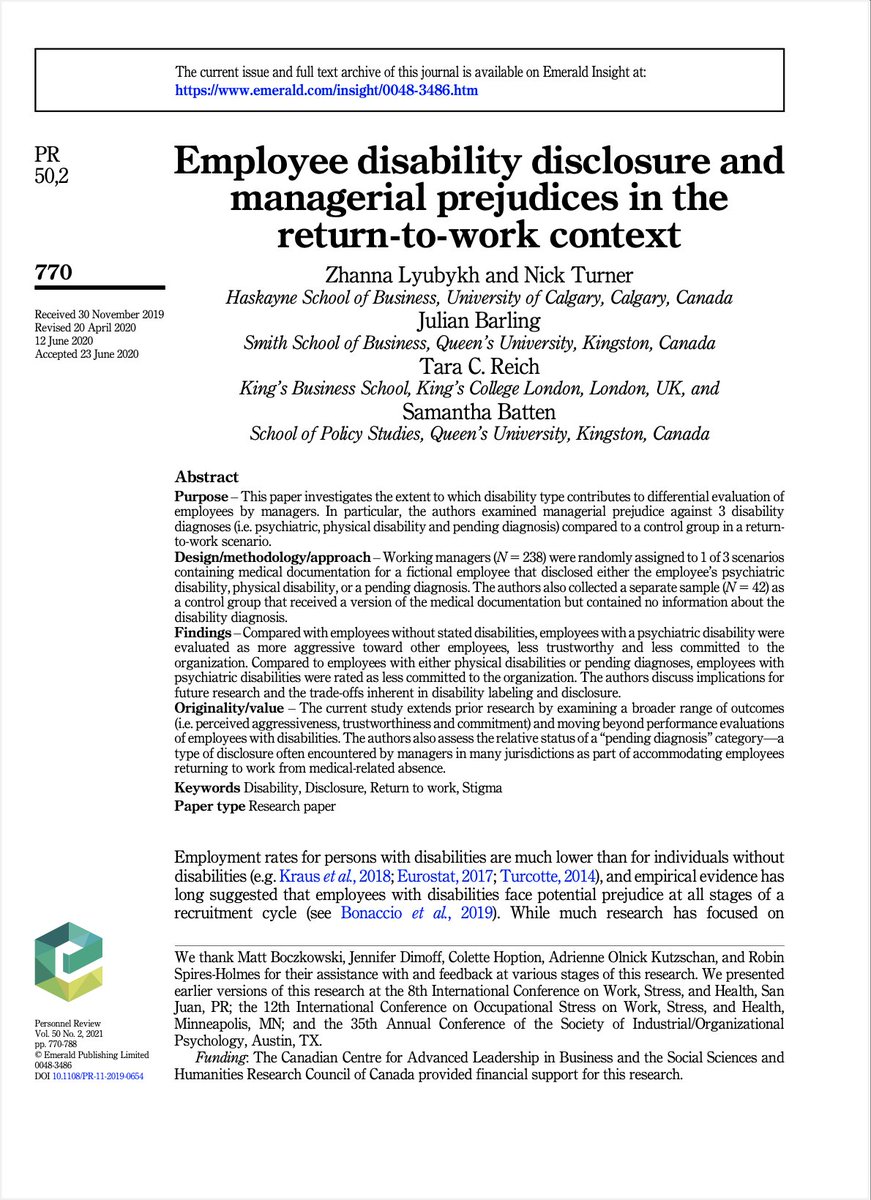Paper spotlight: @ZhannaLyubykh, @neekturner, @JulianBarling, @DrTaraReich, and Samantha Batten – Employee disability disclosure and managerial prejudices in the return-to-work context. See thread below for key takeaways from this research (1/6) emerald.com/insight/conten…