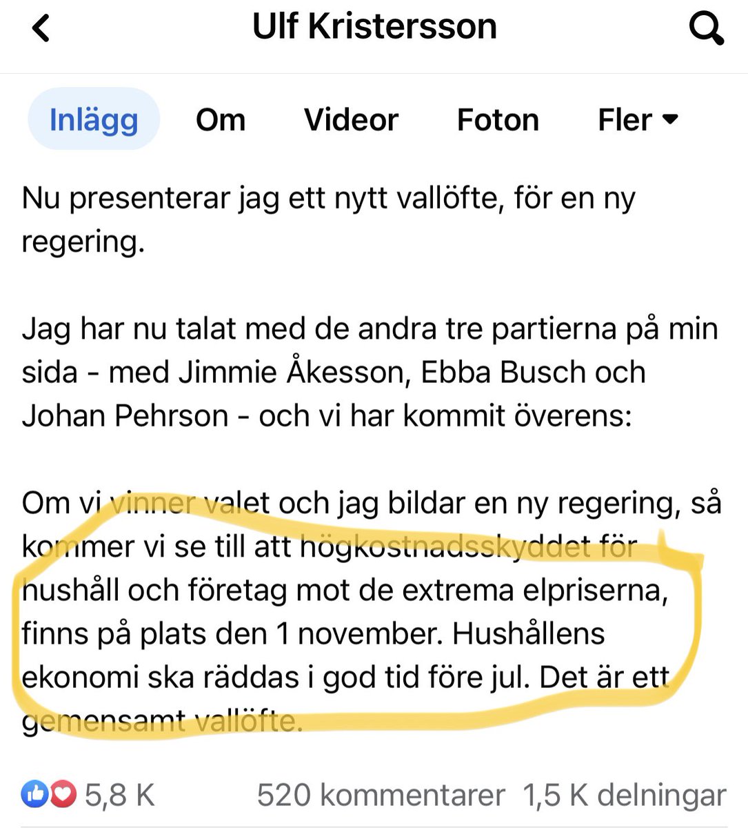 U_Kristofferson's tweet photo. Vi tar det igen: Vallöftet 2 september var att högkostnadsskydd skulle finnas på plats 1 november och att ”hushållens ekonomi ska räddas i god tid före jul”. Det finns väl dokumenterat. Alla fyra stod bakom. https://t.co/hfHnXtxU63