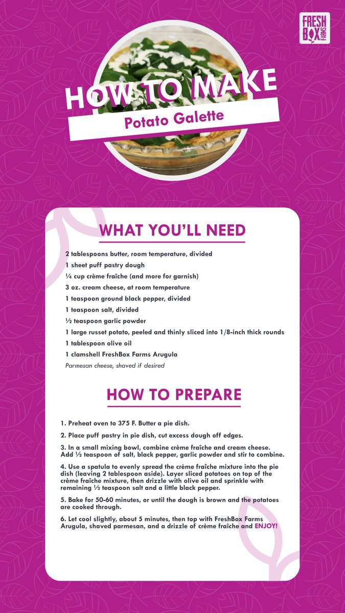 freshboxfarms's tweet photo. Try out this #PotatoGalette recipe and #retweet us with your results π Our #FreshBoxFarms Arugula is packed with nutrients and adds the perfect peppery finish to this recipe. #HealthyMeal #Cooking #Nutritious #Recipe #FreshFood #EatFresh #EatLocal #Yum https://t.co/drJE4eDkGI