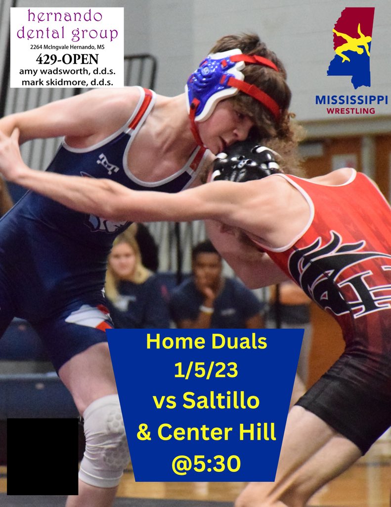 LHSW2022's tweet image. Home Duals Next Thursday 1/5/23 VS @TweetDCS_CHHS and @SaltilloMats!
Thank You to our Double Diamond Mat Sponsor Hernando Dental Group! 
@TheBurgSports @sipwrestling 
@desoto_news @ob_pod @coachdtmCHHS