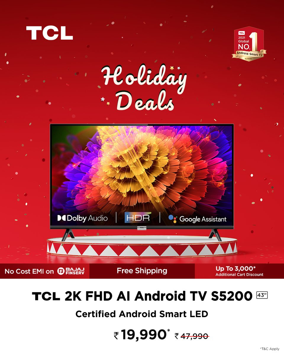 tcl_india's tweet photo. Binge your way to the new year with the #TCL #2K #FHD #AIAndroid TV S5200 at only ₹19,990!
Buy now: https://t.co/eABikxdPAT
#TCL #TCLTheCreativeLife #InspireGreatness
#Newyear2023 #HolidayDeals https://t.co/aXOWqPgTus