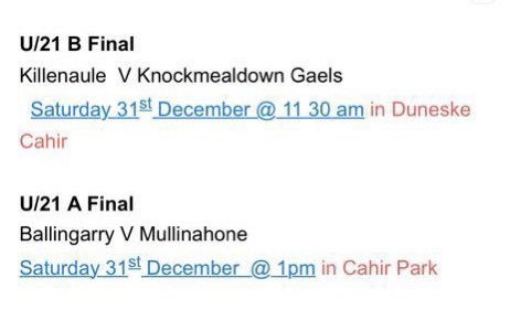 Ballingarry_GAA's tweet photo. Best of Luck to our u21 Hurlers who take on Mullinahone this Saturday the 31st of December at 1pm in Cahirs Main Field in the South Final! 🇱🇻
Looking forward to seeing a big crowd their to cheer on the lads! 🇱🇻
Best of Luck Lads! 👏
#BaileAnGharraíAbú https://t.co/jkAWoIYuWC