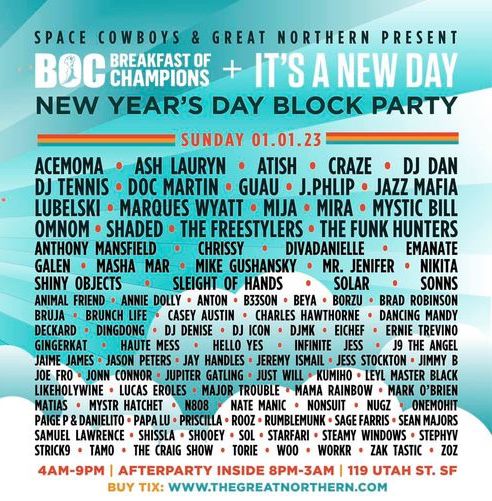 DJDanmusic's tweet photo. Breakfast of Champions + It’s A New Day! 
The place to be on New Years Day in the Bay

Catch me 1:30pm-3pm on the BOC Outer Space Stage
@spacecowboyssf and @greatnorthernsf 
#djdan #djdanmusic #instereo #instereomusic #instereorecordings https://t.co/UYQSR5LSdo