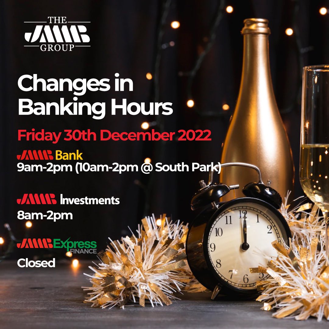 jmmbgrouptt's tweet image. Hello,

Please be advised of the change in our banking hours at our branches. 

📆 Friday 30th December 2022
⏰ 9 am-2 pm

How to connect with us:

☎️ 800-JMMB (5662)⁣⁣⁣⁣⁣⁣ 
📧 ttbank@jmmb.com

Wishing you and your family a very Happy and Prosperous New Year!

#jmmbtt #jmmb