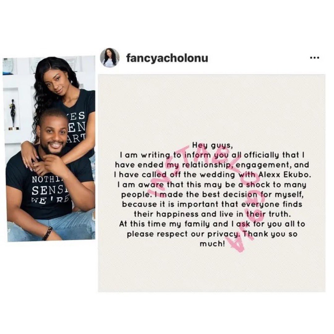 instablog9ja's tweet photo. “Nothing makes sense when we’re apart,” Actor Alexx Ekubo’s estranged fiancée, Fancy, publicly apologizes to him for ending their engagement https://t.co/18k9rr4hoE