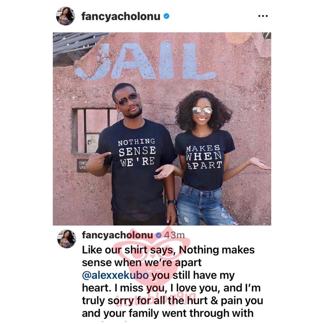 instablog9ja's tweet photo. “Nothing makes sense when we’re apart,” Actor Alexx Ekubo’s estranged fiancée, Fancy, publicly apologizes to him for ending their engagement https://t.co/18k9rr4hoE