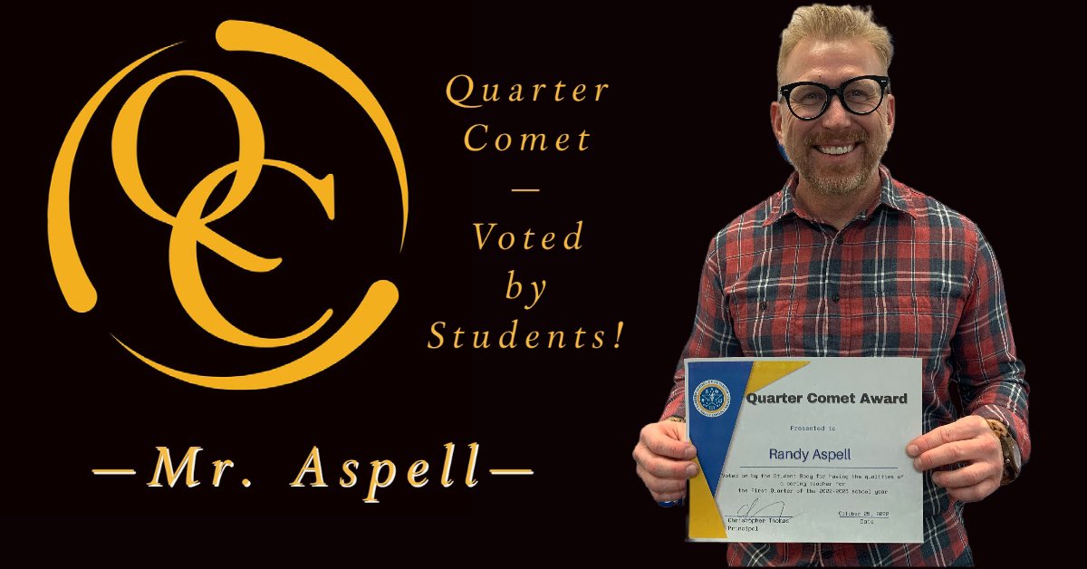 CSASMiddle's tweet photo. Our Next #QuarterComet Spotlight features Mr. Aspell. Mr. Aspell teaches English Language Arts, Yoga &amp; was voted by our students as a Teacher of the Quarter! 💫 #CometCity #CometCommit @OKCPS https://t.co/0OsKalKphQ