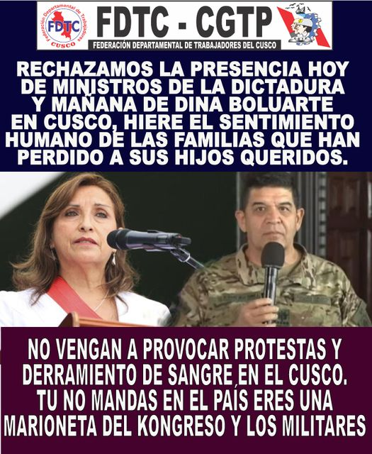 Maritzapino's tweet photo. Paro sí
Diálogo No

Una lástima que los líderes de algunos, paralizarán nuevamente la región a costa de todos los cusqueños.
¿No querían ser escuchados?
¿Cuál es su objetivo real? Que se vaya la presidenta, que se vaya el congreso y que gobierne ¿quién?
#Cusco https://t.co/dq0eyoaTag