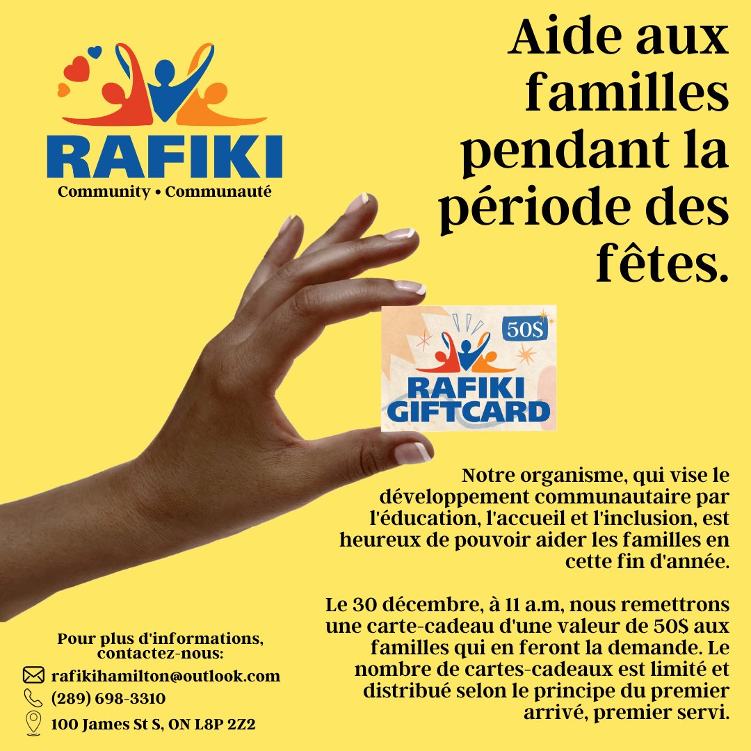 notre organisme, qui vise le développement communautaire par l'éducation, l'accueil et l'inclusion, est heureux de pouvoir aider les familles en cette fin d'année.

Le 30 décembre, à 11h, nous remettrons une carte-cadeau d'une valeur de 50$ Le nombre de cartes-cadeaux est limité.