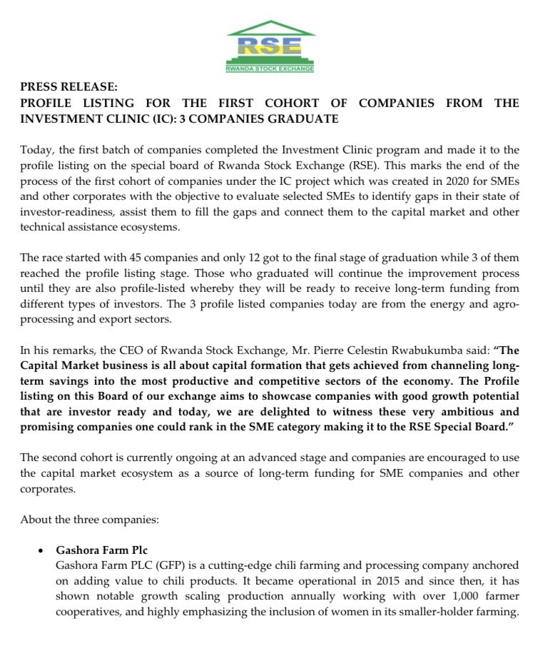 RwStockExchange's tweet photo. PRESS RELEASE: Profile Listing for the first cohort of companies from the Investment Clinic (IC): 3 Companies graduate! #WealthAWayOfLife https://t.co/xutNtwXgHq