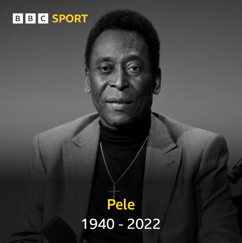 BBCSport's tweet photo. Arguably the greatest football player ever, Brazil icon Pele has passed away. 

The news was confirmed on social media by his daughter. 

Rest in peace ❤️

More ⬇
