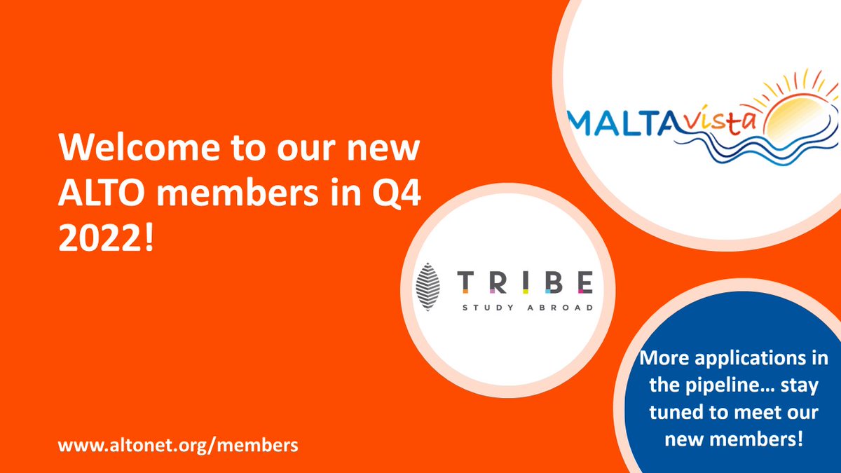 ALTO (@altoassociation) on Twitter photo A huge welcome to <a href="/tribestudy/">Tribe Study Abroad</a> and <a href="/maltavistacom/">MaltaVista</a> who will no doubt strengthen the ALTO community with their knowledge and experience!
We start recruiting leaders of #intled orgs in the #NewYear2023, join us for great #ALTOcpd and #ALTOgather sessions A huge welcome to <a href="/tribestudy/">Tribe Study Abroad</a> and <a href="/maltavistacom/">MaltaVista</a> who will no doubt strengthen the ALTO community with their knowledge and experience!
We start recruiting leaders of #intled orgs in the #NewYear2023, join us for great #ALTOcpd and #ALTOgather sessions