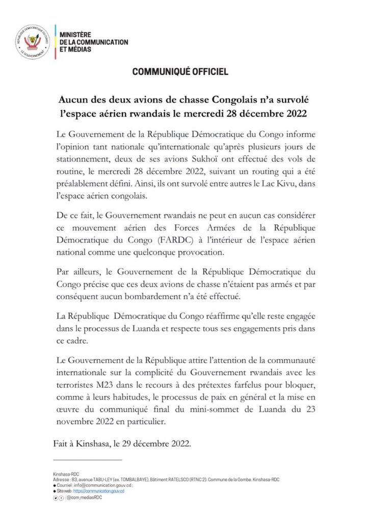betordc's tweet photo. #RDC Kinshasa fait mentir #Kigali dans l’affaire du prétendu survol des avions de chasse congolais dans l’espace aérien rwandais. « Aucun des deux avions de chasse congolais n’a survolé l’espace rwandais », répond le gouvernement congolais. https://t.co/QjTtxU9kwF