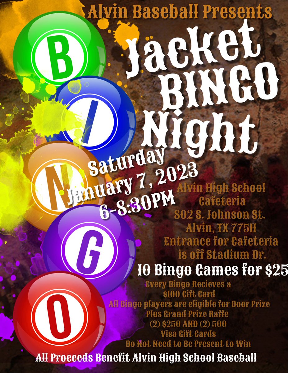 ahsbaseball's tweet photo. We are 9 days out from a fun-filled, family-friendly night of bingo to support Alvin Yellowjacket Baseball!  Get your tickets from a Jacket baseball player or buy ‘em at the door.  See you there! https://t.co/JtgckNl582
