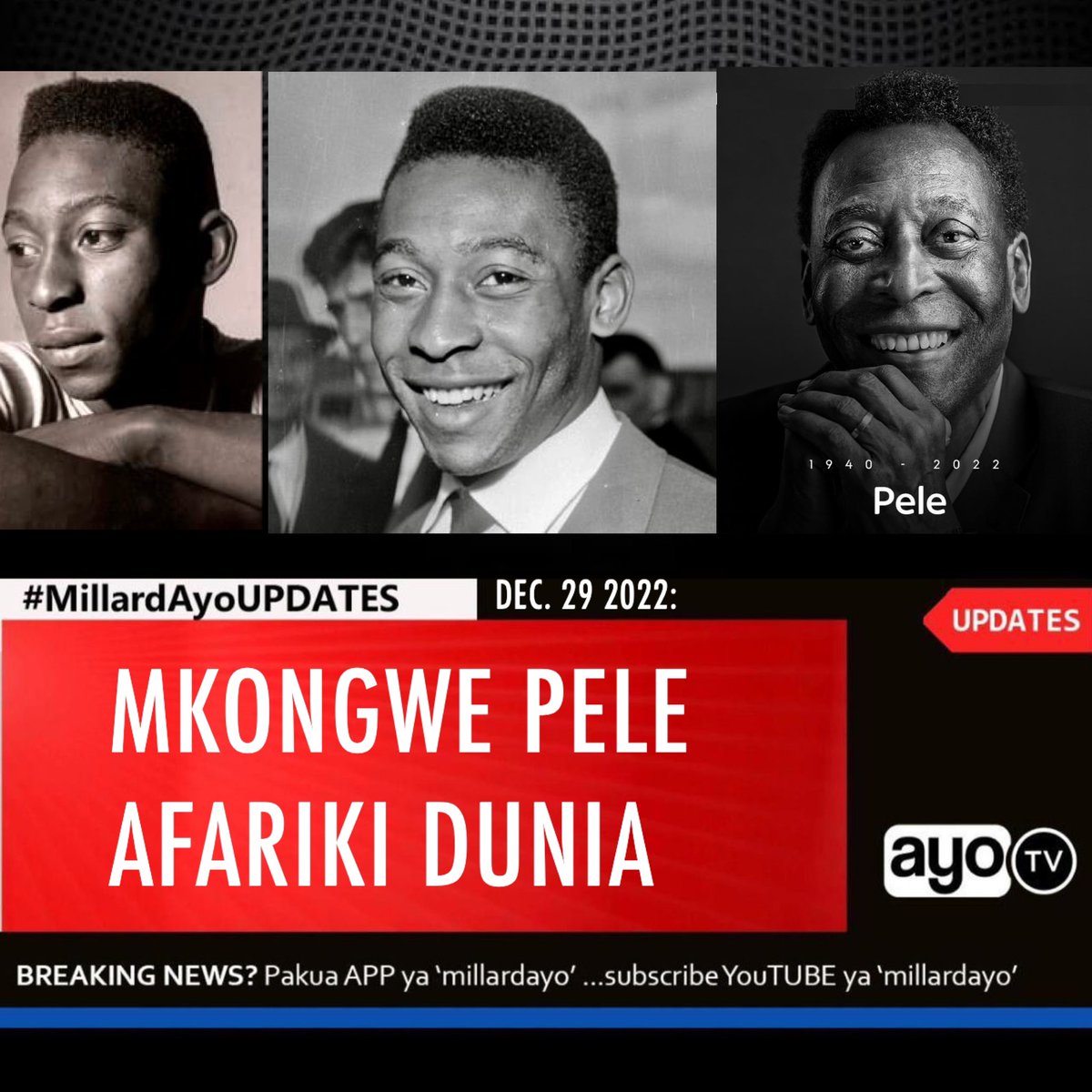 Mkongwe wa soka Brazil Edson Arantes do Nascimento Pele amefariki leo akiwa na umri wa miaka 82 baada ya kusumbuliwa na kansa kwa muda mrefu, Pele anayetajwa kuwa Mwanasoka wa kipekee kuwahi kutokea Duniani amewahi kutwaa Kombe la Dunia mara 3 akiwa na Brazil.  #MillardAyoSPORTS