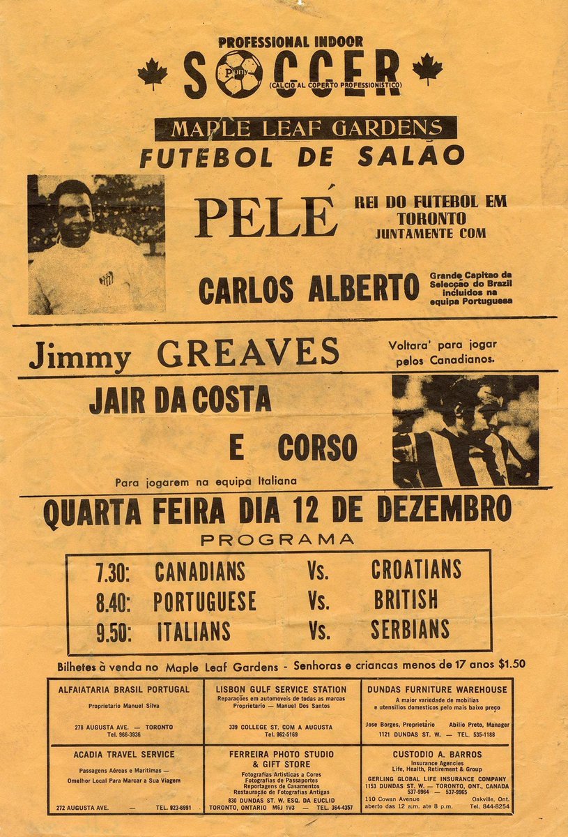 A poster promoting an indoor soccer match at Maple Leaf Gardens with Brazilian soccer star, Pele, playing in 1973.  Pele passed away at 82 today.