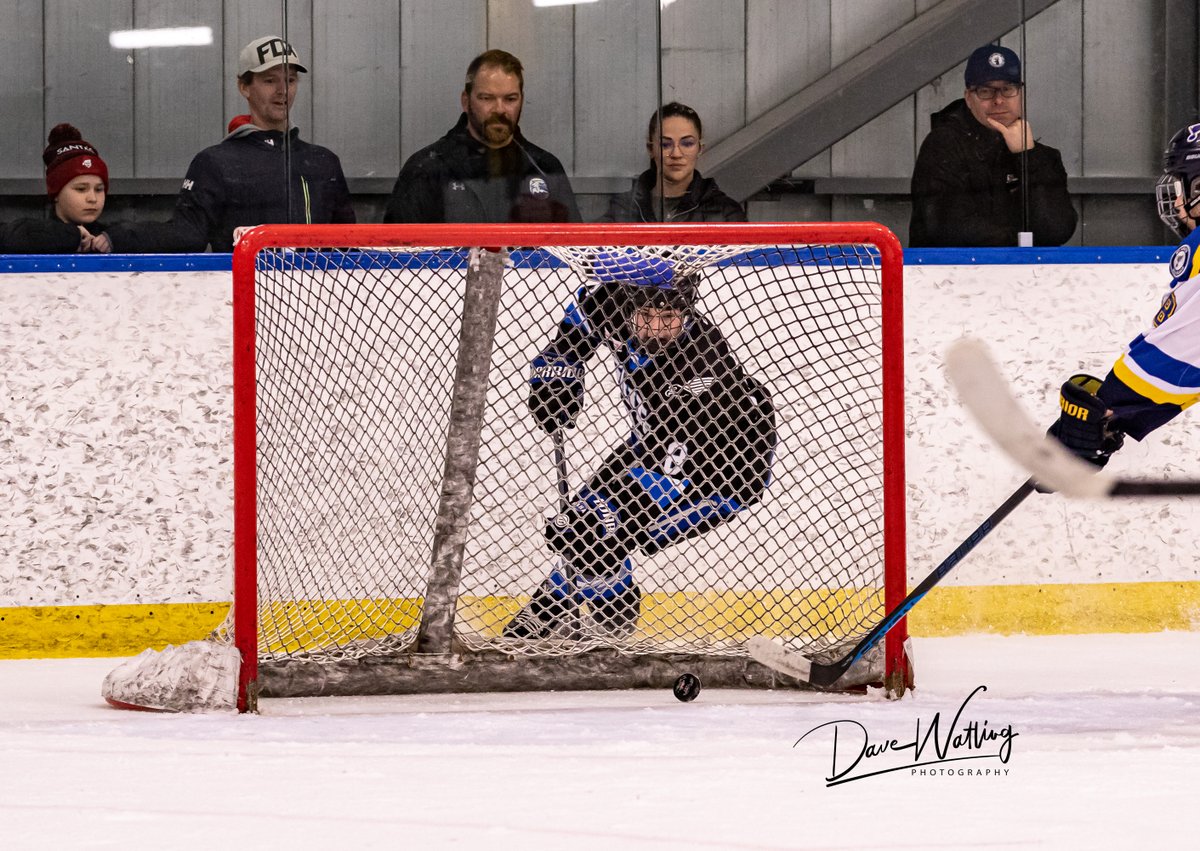Dave__Watling's tweet photo. @SAHockeyAcademy's Sammy Hynes watches a puck roll in for a goal against the St Louis @AAABlues, while @CNHA_U18AAA's Griffin Gidney puts in a rebound against @stoonblazers here at the 
@CircleKClassic in Max Bell Centre. https://t.co/SlhrgIZtaD