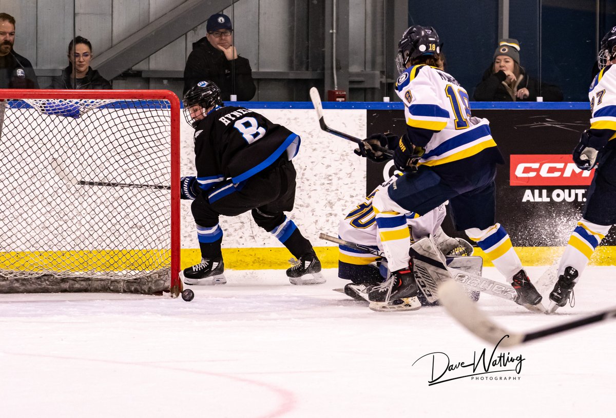 Dave__Watling's tweet photo. @SAHockeyAcademy's Sammy Hynes watches a puck roll in for a goal against the St Louis @AAABlues, while @CNHA_U18AAA's Griffin Gidney puts in a rebound against @stoonblazers here at the 
@CircleKClassic in Max Bell Centre. https://t.co/SlhrgIZtaD