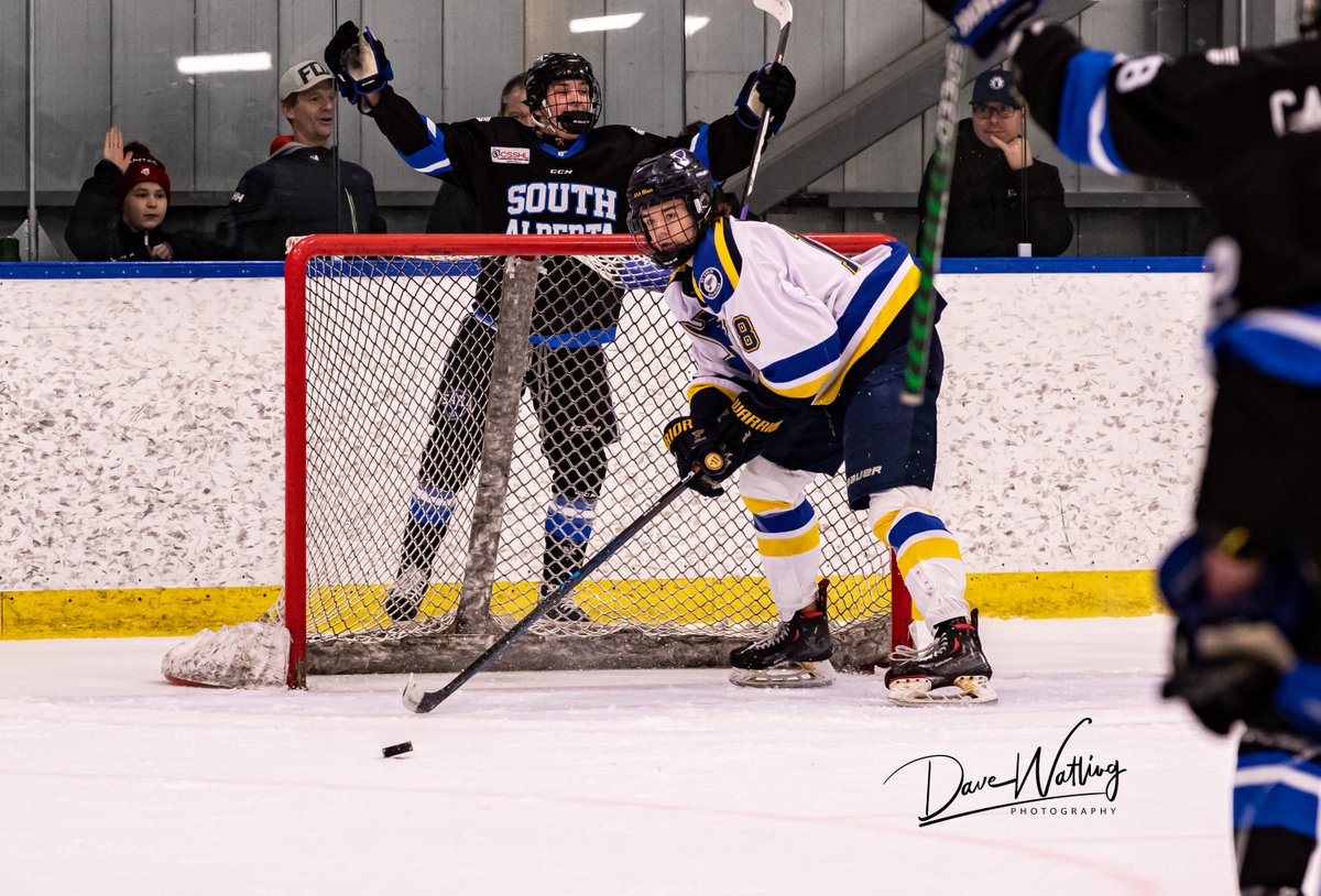 Dave__Watling's tweet photo. @SAHockeyAcademy's Sammy Hynes watches a puck roll in for a goal against the St Louis @AAABlues, while @CNHA_U18AAA's Griffin Gidney puts in a rebound against @stoonblazers here at the 
@CircleKClassic in Max Bell Centre. https://t.co/SlhrgIZtaD