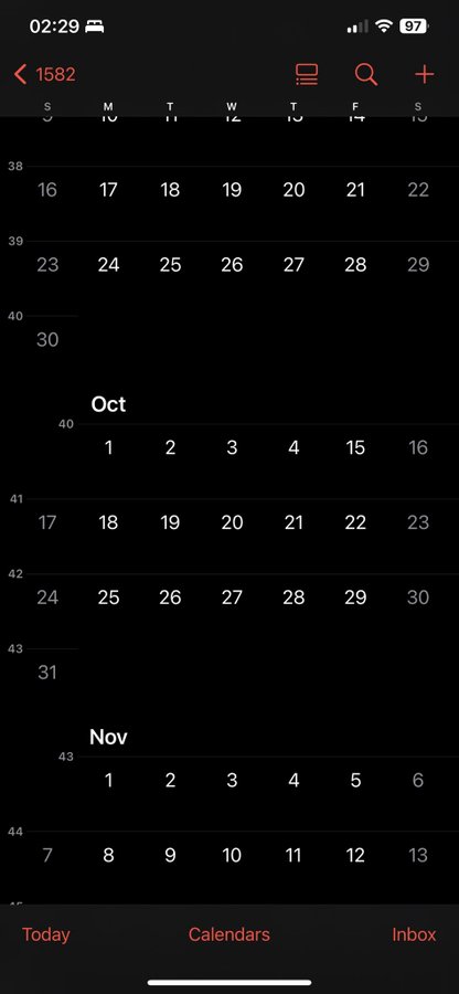 Screenshot of the iOS calendar app showing October 1582 missing the days 5-14 which where dropped with the adoption of the Gregorian Calendar