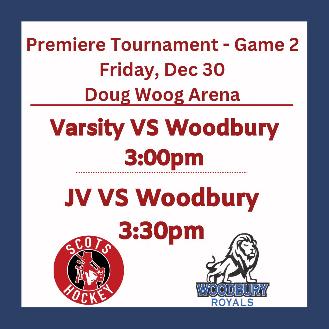 Varsity came away with a WIN today!
🚨Lindstrom
🚨Karvonen
🍏T. Bradford
🍏E. Eischens

Both teams face Woodbury tomorrow at Doug Woog Arena.  Go Scots!