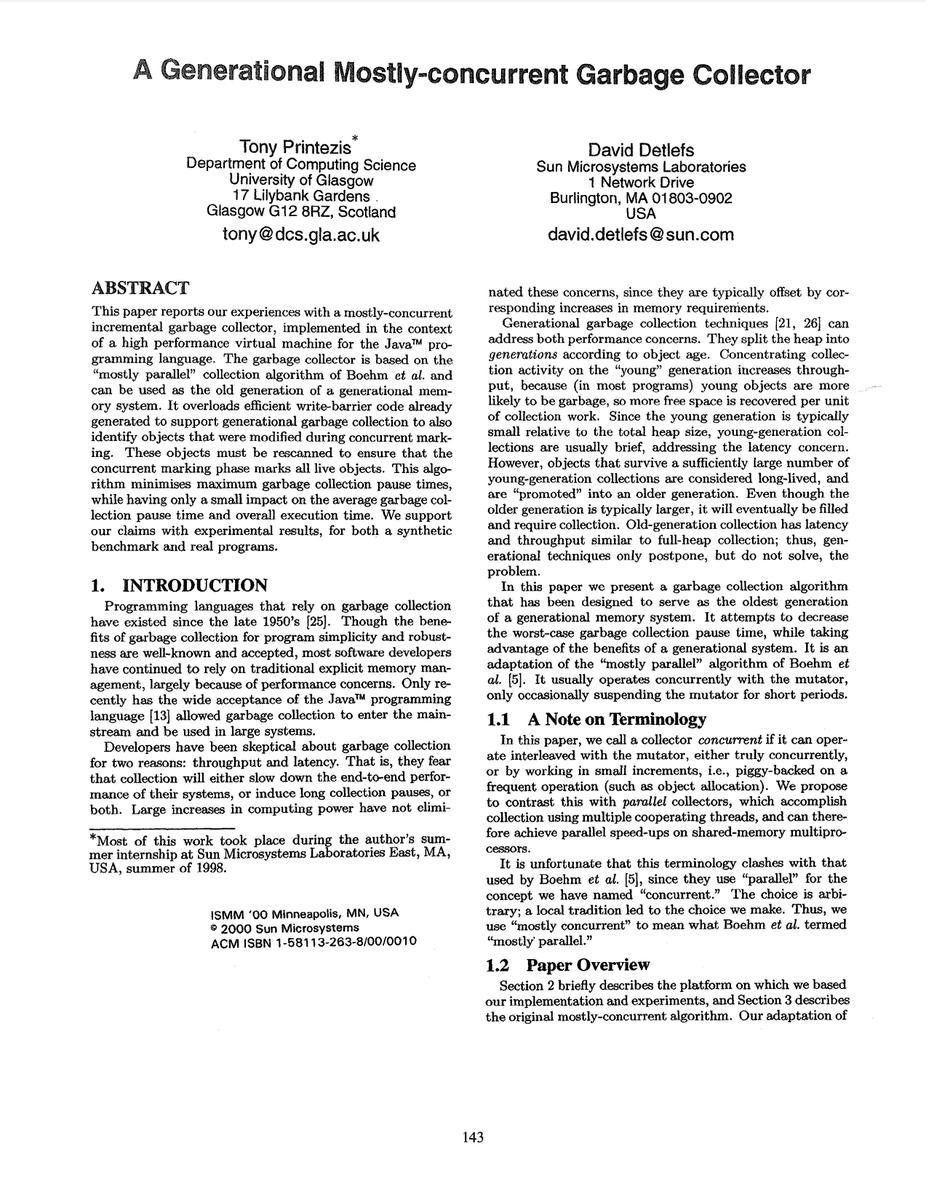 ISMMconf's tweet photo. Another high impact paper from the ISMM archives...

This ISMM 2000 paper by Printezis and Detlefs was the basis for HotSpot's widely-used CMS collector. https://t.co/Vauie9gKEf
