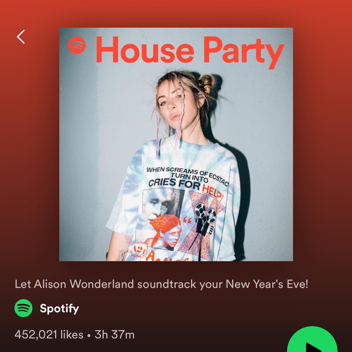 awonderland's tweet photo. Spotify asked ya girl to take over HOUSE PARTY for NYE so I went ham &amp; gave u 3 hrs and 37 mins of music.. 
And if you close ur eyes u can pretend im playing a set at ur house. lemme know ur fav song of 2022!!! (Link is in bio) 

Side note I love this T-shirt https://t.co/7VOlEkxJzK