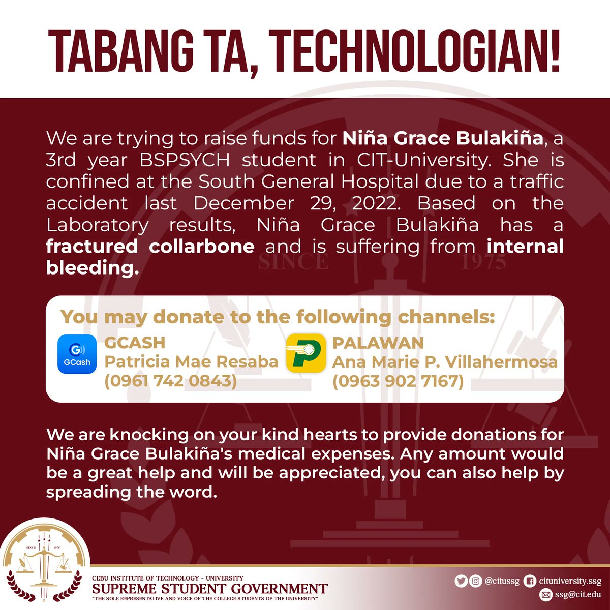 citussg's tweet photo. 📍 𝐂𝐀𝐋𝐋 𝐅𝐎𝐑 𝐃𝐎𝐍𝐀𝐓𝐈𝐎𝐍 📍

A fellow Technologian, 𝗡𝗶ñ𝗮 𝗚𝗿𝗮𝗰𝗲 𝗕𝘂𝗹𝗮𝗸𝗶ñ𝗮, a 𝗕𝗦𝗣𝗦𝗬𝗖𝗛-𝟯 student, was hit by a motorcycle while crossing the street which led her to an internal bleeding and fracture in the collarbone. Let us open our generous hearts https://t.co/aFj5OAwhcG