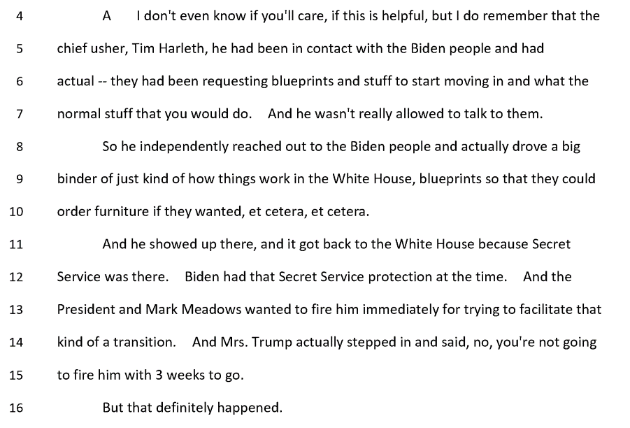 NEW THREAD: Chief WH Usher Tim Harlech was almost fired with 3 weeks left, Stephanie Grisham said. Why? Because he shared move-in information with the Bidens &amp; the USSS made sure it got back to Trump. 1/