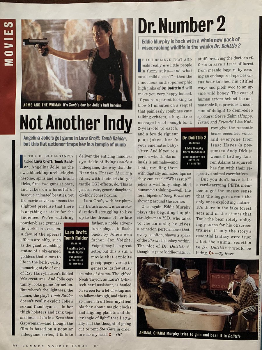 Pg 112: review of The Fast and the Furious (C); Critical Mass chart

Pg 114: reviews of Lara Croft: Tomb Raider (C) and Dr. Dolittle 2 (C+)