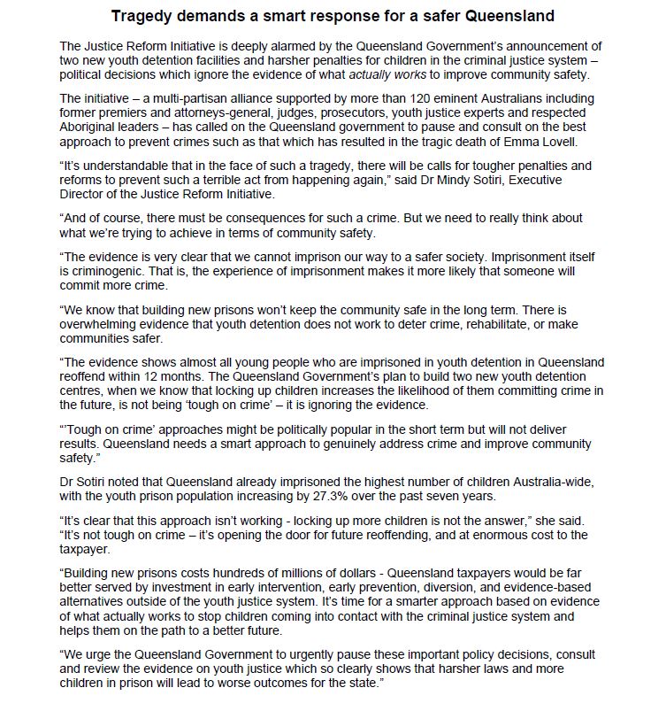 JailingsFailing's tweet photo. ’Tough on crime’ approaches might be politically popular in the short term but will not deliver results. Queensland needs a smart approach to genuinely address crime and improve community safety. More in our media release 👇 https://t.co/tvMhRFxCtl