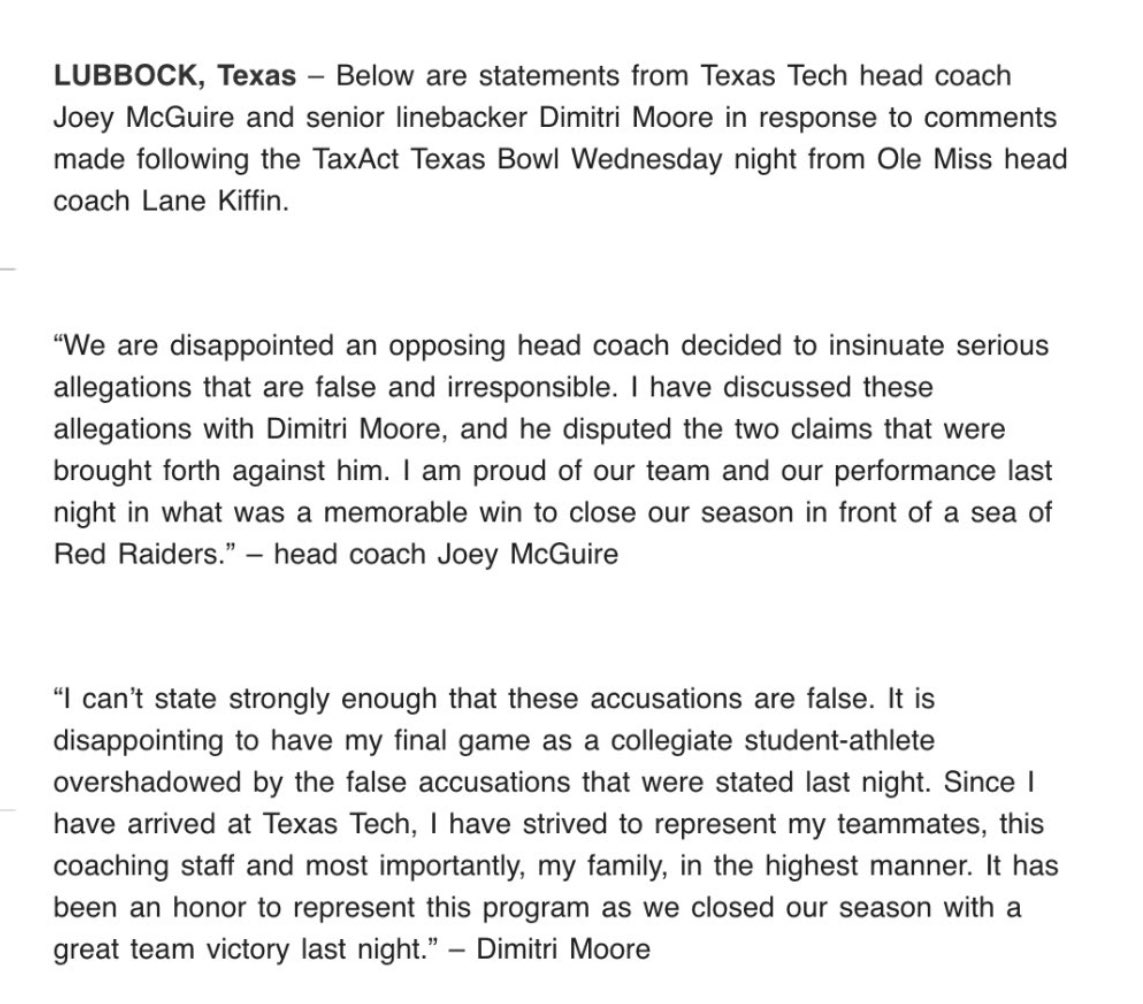 gunsupnation's tweet image. 🔴⚫️Joey McGuire and Dimitri Moore have responded to @Lane_Kiffin’s allegations.

All class right here from @JoeyMcGuireTTU and @DimitriMoore7.
