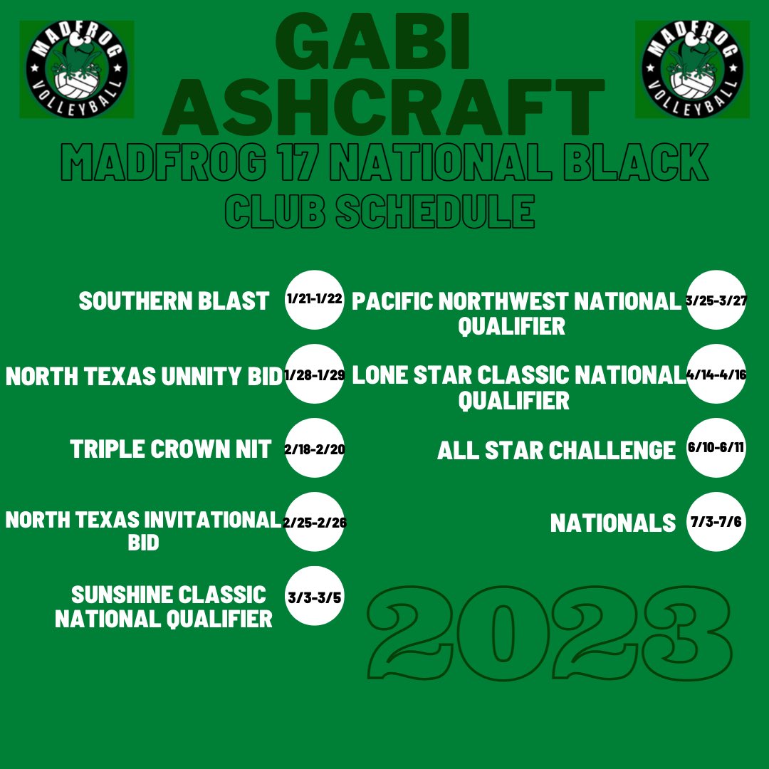 gabi__ashcraft's tweet photo. โก๏ธ2023 CLUB SCHEDULEโก๏ธReady for an amazing season with an amazing team ๐๐ค @vballrecruiter @coachsamwol23 @jennabanz @vballphil #volleyball #vballrecruiter #CoachSamWol23 #vballphil #setter #vball #madfrog #volley #sport #athlete #volleyballlife https://t.co/aGm1c0es5W
