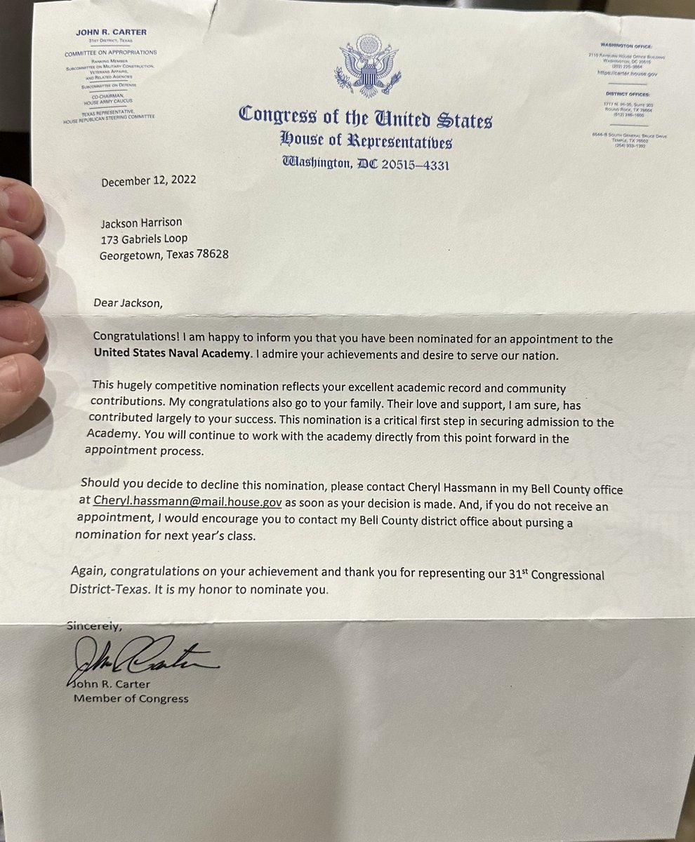 JaxHarrison60's tweet photo. I am deeply honored to have received my congressional nomination to the United States Naval Academy from Congressman Carter. https://t.co/wUYQ67IkQz