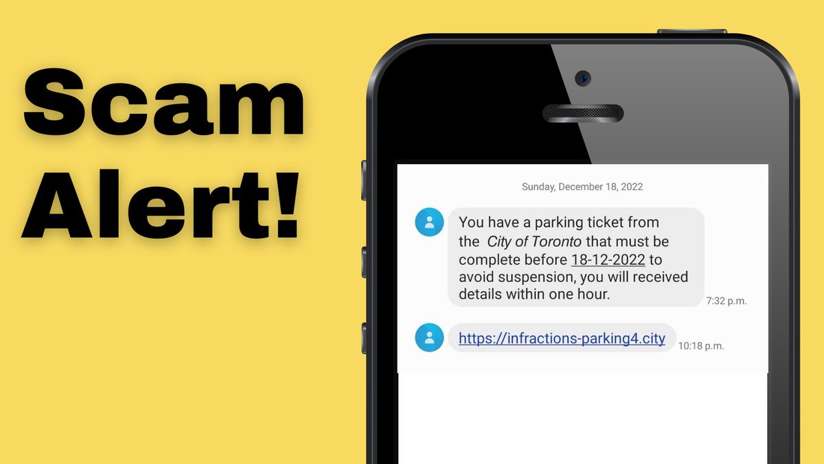 cityoftoronto's tweet photo. The #CityOfTO does not send text messages asking people to pay parking or speeding tickets. If you get a text like this 👇 - it's a scam. You should delete it immediately. https://t.co/Gs1hmUjmzP