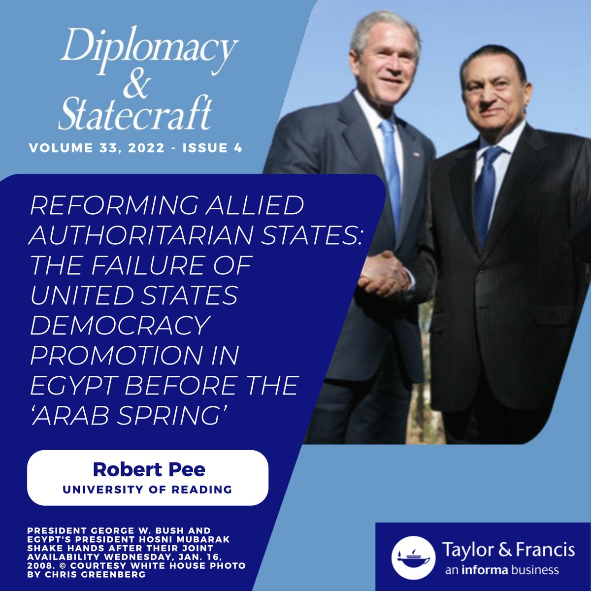 Diplomacy and Statecraft (@diplostatecraft) on Twitter photo Robert Pee from <a href="/UniRdg_History/">University of Reading History</a> provides a comparative analysis of America's failure to promote democracy in Egypt pre and post Arab Spring and its success in authoritarian states during the 1980s.
🔗doi.org/10.1080/095922… Robert Pee from <a href="/UniRdg_History/">University of Reading History</a> provides a comparative analysis of America's failure to promote democracy in Egypt pre and post Arab Spring and its success in authoritarian states during the 1980s.
🔗doi.org/10.1080/095922…