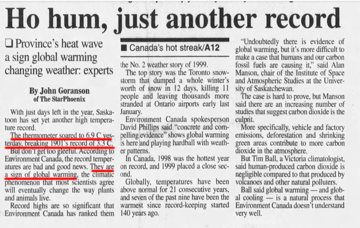 23 years ago today... the Saskatoon Star-Phoenix (Saskatchewan, Canada) blames global warming for a record high of 6.9°C (44.4°F).

23 years and ~1 trillion tons of CO2 emissions later, the current temperature is -13°C (8.6°F).

Climate is a hoax.

newspapers.com/image/51114332…