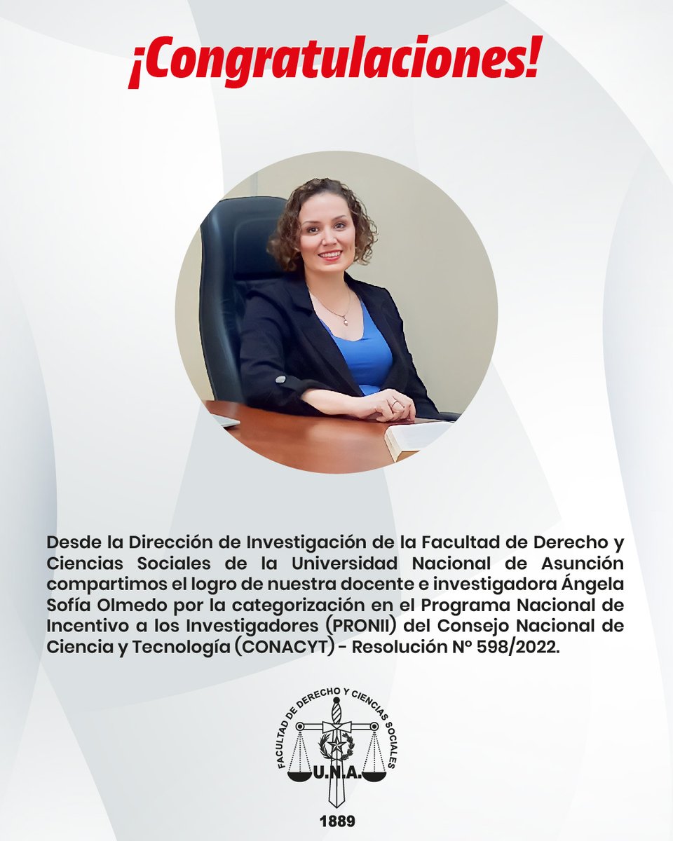 derechounainv's tweet photo. Felicitaciones Prof. @AngelaOlmedo_, docente de la Dirección de Investigación y nueva investigadora categorizada de #PRONII @conacytparaguay!
Celebramos el logro de nuestros docentes, que también es el logro de la comunidad académica de @derechouna y de la @una_py https://t.co/FGv1Y292kv