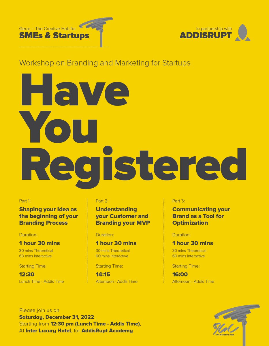 OurGerar's tweet photo. Gerar - The Creative Hub in partnership with AddisRupt and LinkUp Addis will be hosting three different workshops on Branding and for Startups at different stages.

If you are an aspiring startup in any sector looking to broaden your understanding of branding. Link on comment... https://t.co/Uz7xnlAte5