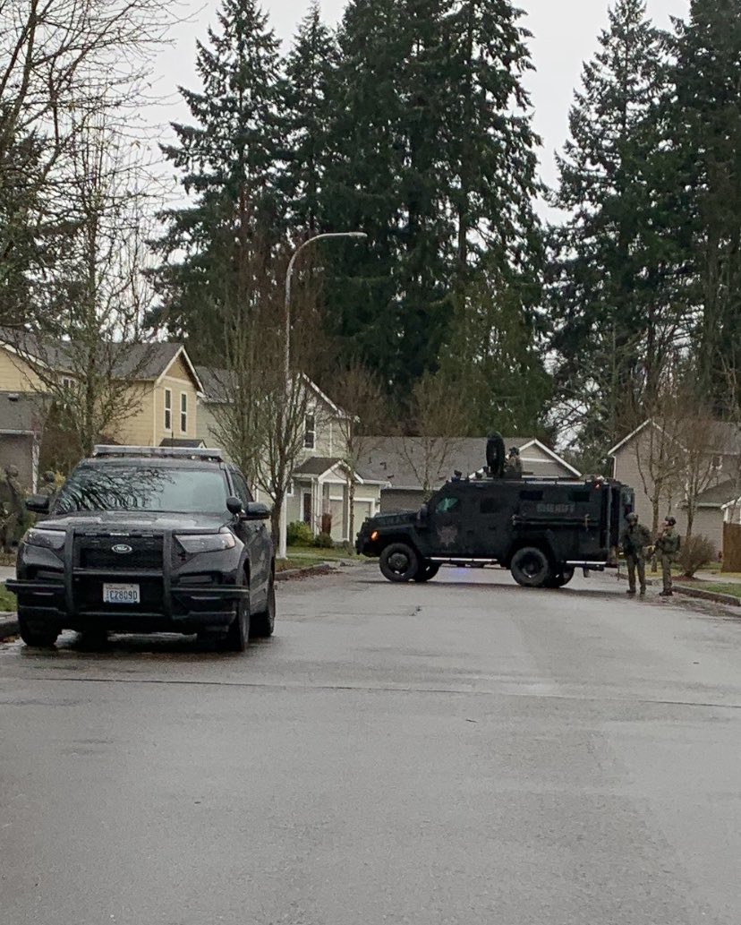 At approximately 10:30 this morning, TCSO Deputies responded to an address at the 7100 block of Desperado Dr SE in Tumwater to carry out an eviction. The sole male occupant barricaded himself in the home. TCSO SWAT is on scene.  Please avoid the area.